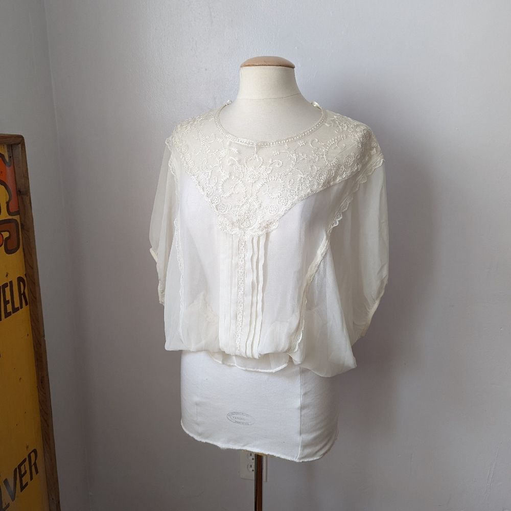 White Sheer Lace Coquette Whimsygoth Delicate Romantic Pleated Batwing Top